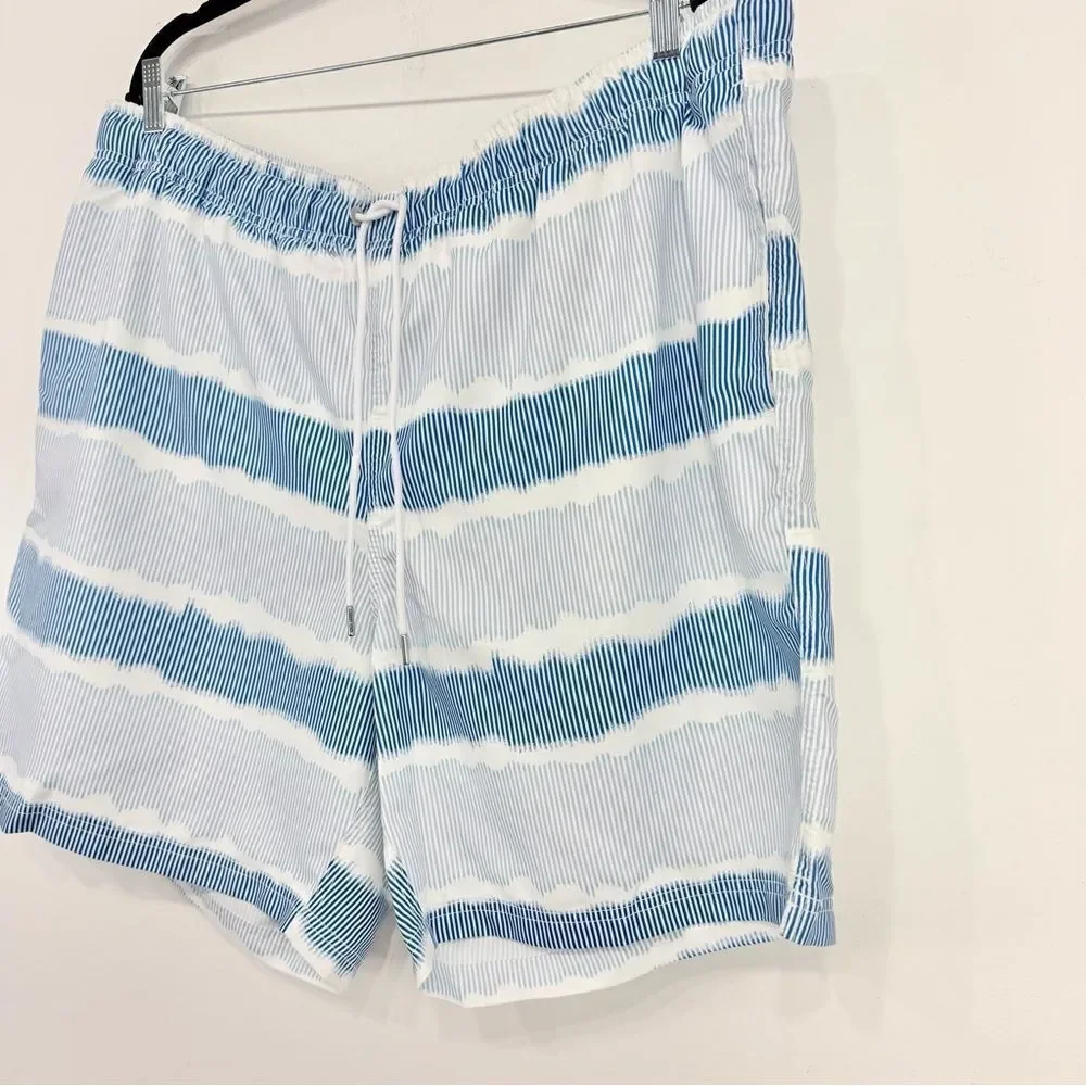 Land's End White Blue Squiggle Stripe Mesh Lined Drawstring Waist Swim Trunks